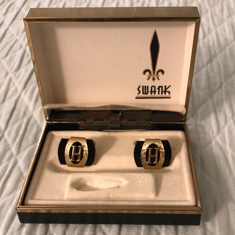Vintage Swank H Initial Monogram Cuff Links Cufflinks Black Gold in Original Box